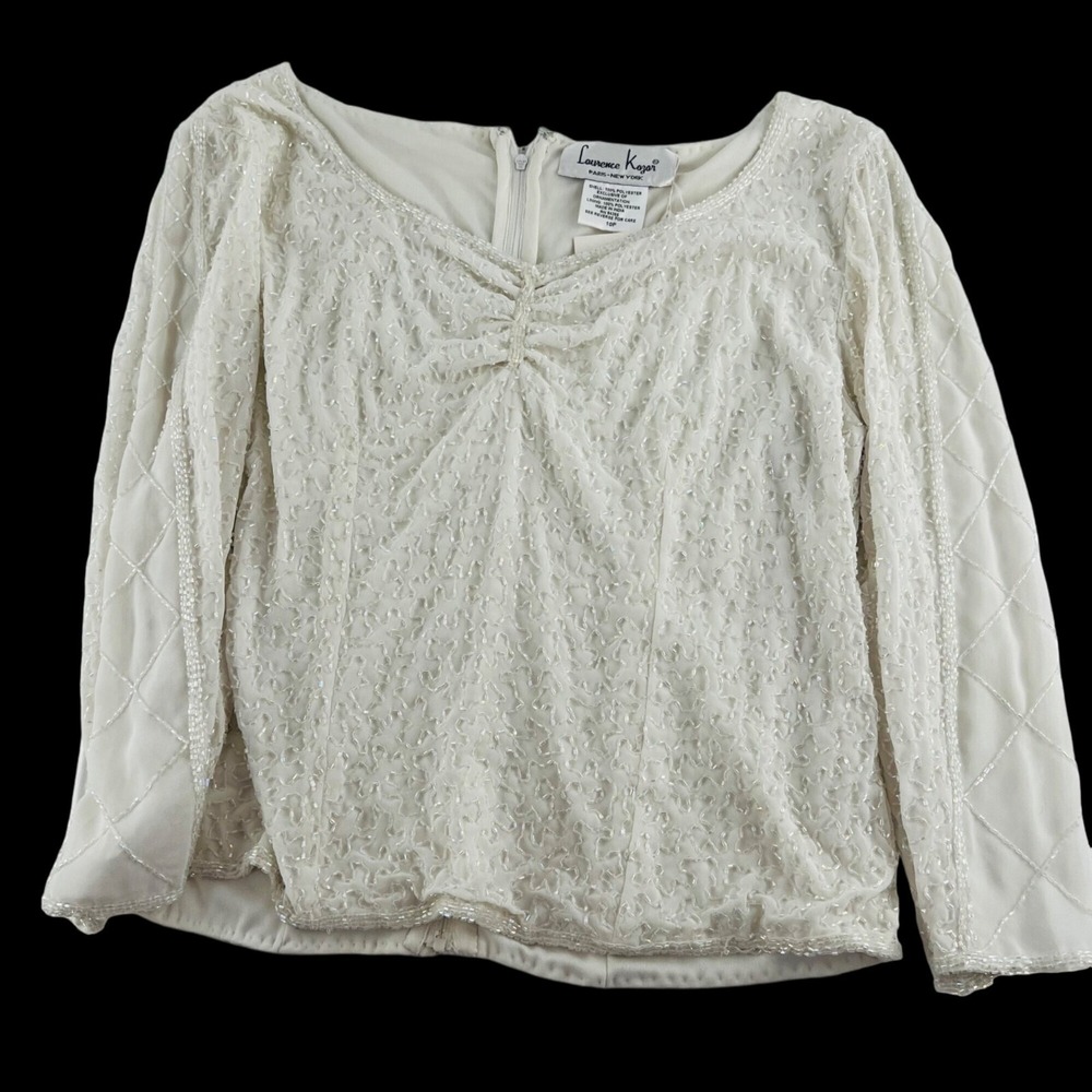 Laurence Kazar Women's Beaded Evening Blouse size 10p White‎ NWT
